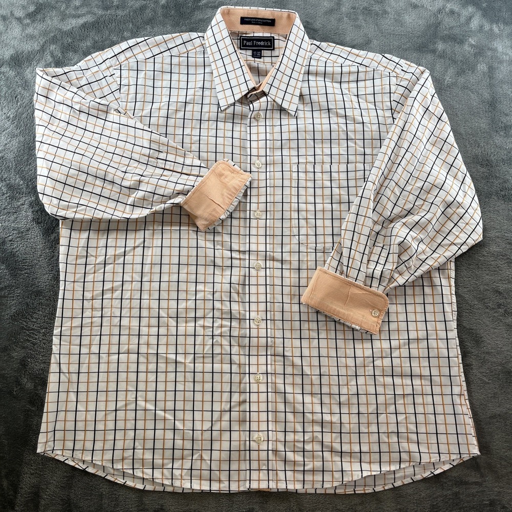 Paul Fredrick Men's Long Staple Cotton Dress Shirt 17/32 White/Orange/Black